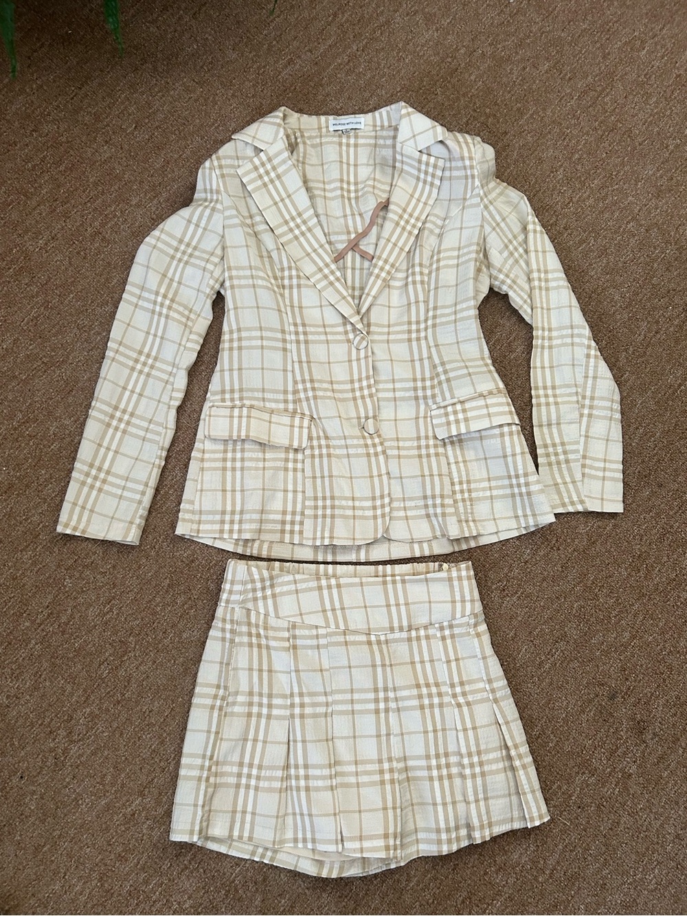 Beige Plaid Women's Blazer Jacket - Classic Tailored Fit & skort to match